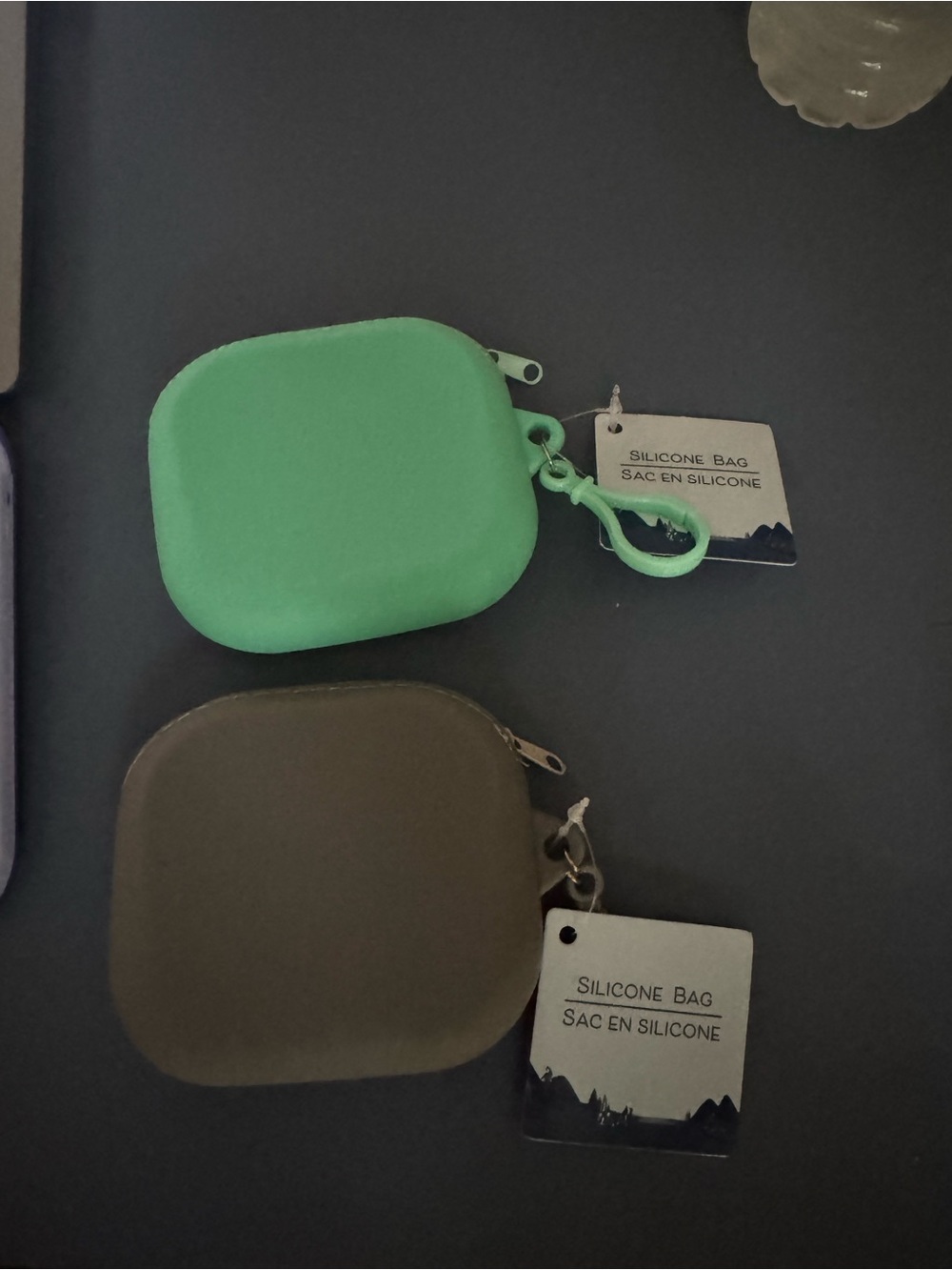 Silicone small coin pouches with Carabiner and zippers- Green & gray set of 2